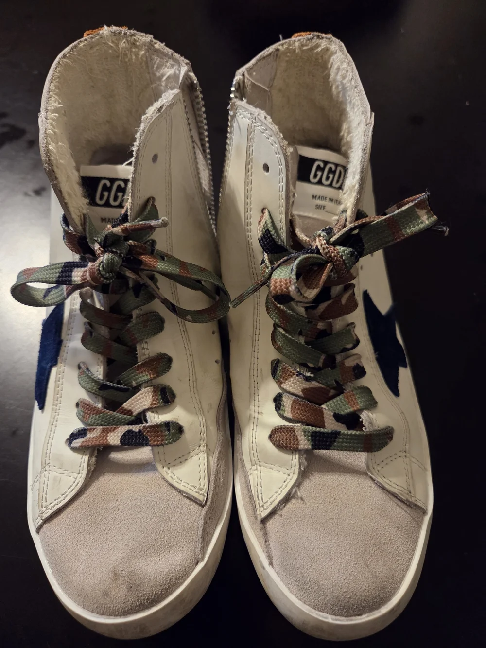 Golden Goose Kids White Sneakers with Blue Star and Camo Laces